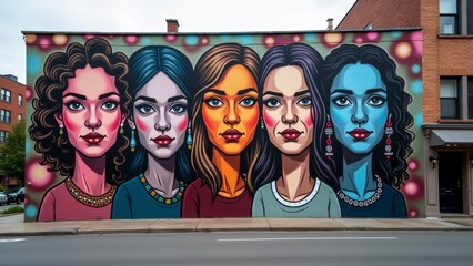 colorful mural side brick building mural portrait four women faces unique expression style women arranged row first woman second woman middle third woman bottom four women different hairstyles
