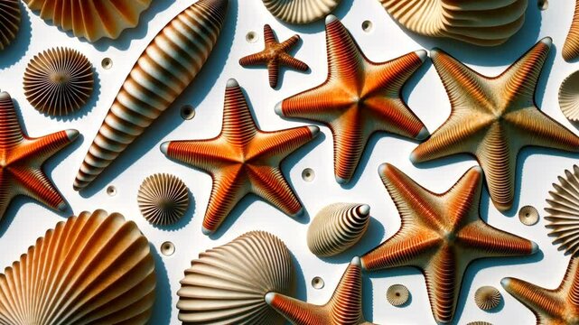A collection of colorful seashells and starfish. The seashells are orange, blue, and white, and the starfish are blue and orange