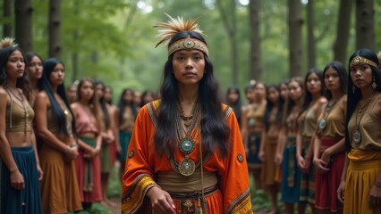 group young women standing line forest wearing traditional native american clothing headdresses feathers their heads woman center wearing orange robe gold accents necklace pendant she has long dark
