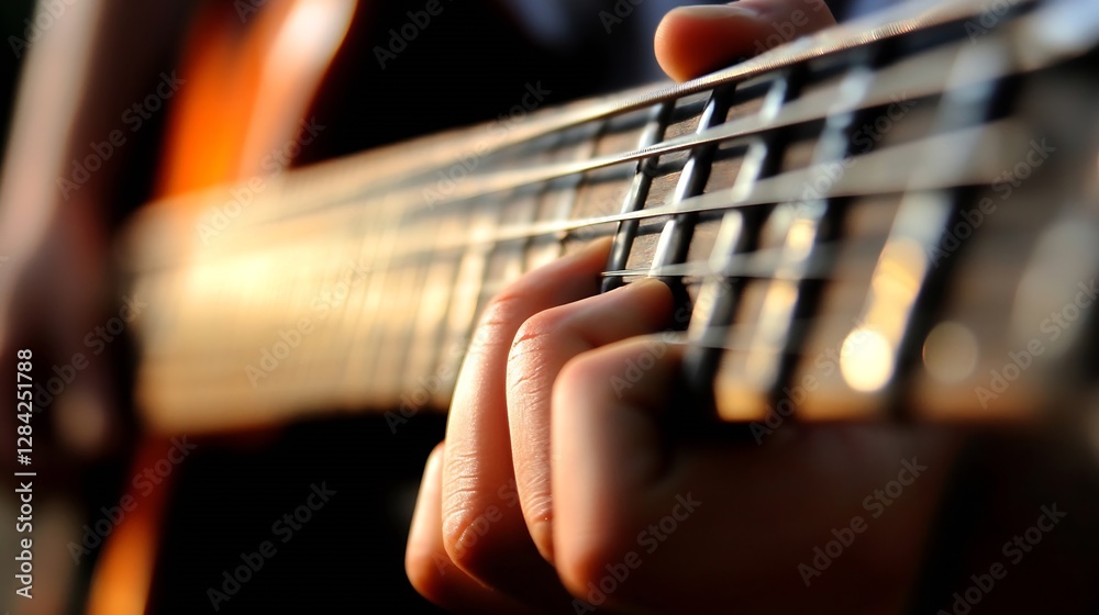 Aufkleber close up view of fingers pressing strings on a guitar showcasing music and artistry : generative ai