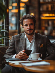 Stylish man enjoying coffee in a cozy cafe setting