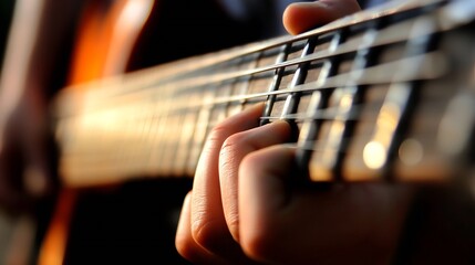 Fototapeta premium Close up view of fingers pressing strings on a guitar showcasing music and artistry : Generative AI