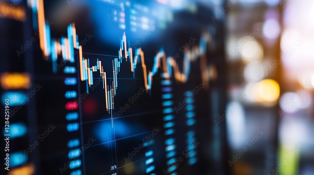 Poster Advanced trading analysis shown on large screen with glowing candlestick graphs and financial data : Generative AI