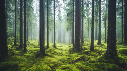 Obraz premium Enchanting scene of a scandinavian forest with towering ancient trees draped in green moss, a misty atmosphere enhancing the woodland mystique. Misty Forest of Whispers. Illustration