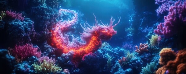 Obraz premium Mystical luminescent dragon swimming through vibrant underwater coral reef landscape