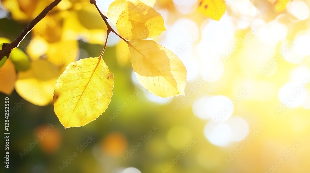 Poster golden autumn leaves illuminated by sunlight creating a warm and vibrant atmosphere : generative ai