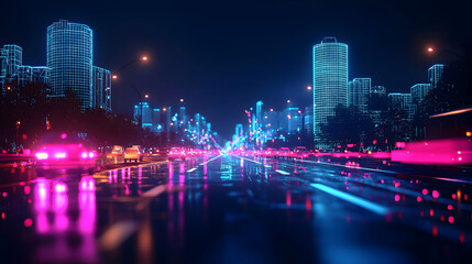 Neon Lit City Street At Night With Reflective Road And Dynamic Traffic