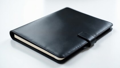 Sleek black leather notebook case, pristine white backdrop , detail, elegant, handmade