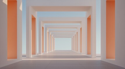 Abstract white corridor, peach accents, outdoor setting, clear sky background