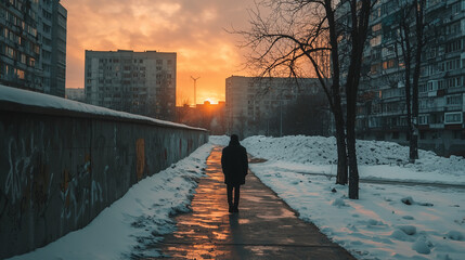A solitary figure walks along a snowy urban path at sunset, surrounded by Soviet-style apartment buildings and graffiti-covered walls
