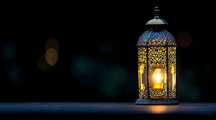 Golden Illuminated Lantern On Wooden Surface Against Dark Bokeh Background