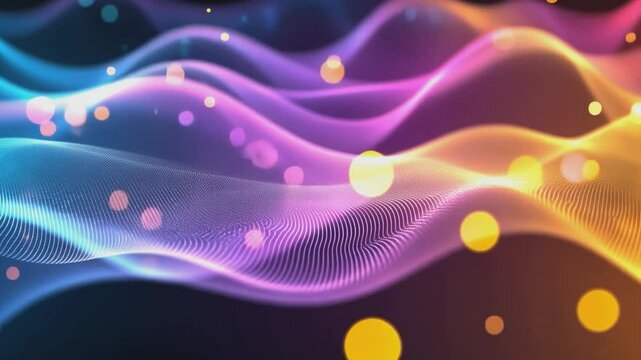 Abstract Wavy Texture: A captivating abstract composition featuring flowing, iridescent waves of light, interspersed with glowing orbs, creating a sense of movement and dynamism. 