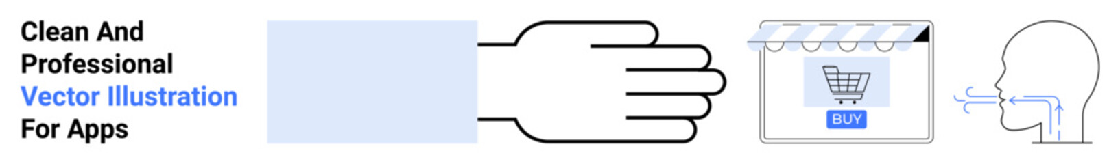 Hand interacting with cart screen for online shopping, head showcasing user engagement. Ideal for e-commerce, technology, communication, simplicity, connection, minimalism, flat landing page banner