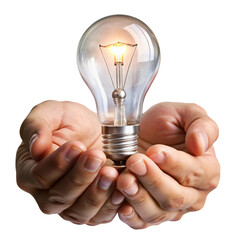 Hands holding light bulb isolated on transparent background  
