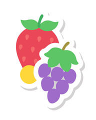 Stylized red strawberry with green leaves and purple grapes in a flat graphic style, set against a black background with a yellow circular accent.