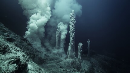 Dramatic Hydrothermal Vents Spewing Mineral Rich Fluids on Dark Deep Ocean Floor