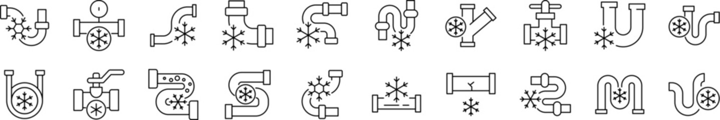 Frozen Pipes Thin Line Icon Set. Outline Signs for Graphic and Web Design, Apps, Adverts, Various Cards