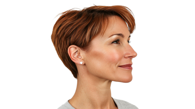 Short haired woman poses in profile