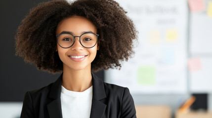 Im unable to identify person image. However, I can help you create description and keywords based content.A confident young woman with curly hair and glasses, wearing blazer, smiles modern office
