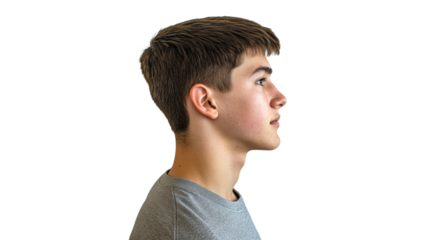Profile view of a young man with steady expression