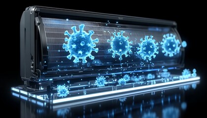 Air purifier, virus removal, clean air, dark background, health tech