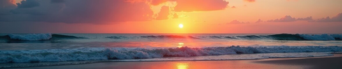 Naklejka premium Sunset over tranquil beach, calm waves, clear sky, beautiful, travel