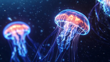 Group of Jellyfish Swimming in Deep Ocean with Bioluminescence and Dark Background
