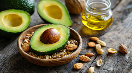 Diet coach preparing a healthy plate with avocado, nuts, and whole grains. High quality 