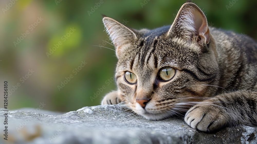 Poster Close Up of a Relaxed Tabby Cat Lying on a Stone Surface with Green Background : Generative AI