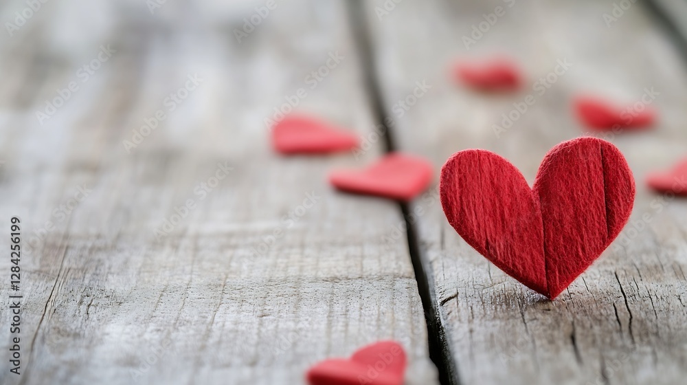Poster Charming red hearts scattered on a rustic wooden surface creating a romantic atmosphere perfect for love and affection : Generative AI