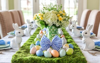Elegant spring table setting adorned with pastel eggs and a decorative bunny figurine