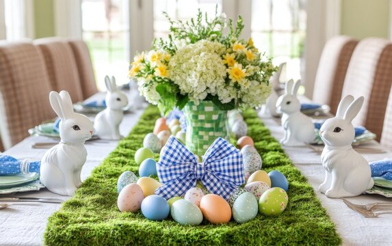 Elegant spring table setting adorned with pastel eggs and a decorative bunny figurine
