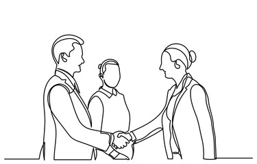 continuous line drawing of Happy confident business partners men and women shaking hands. Line art vector business people are meeting and shaking their hands to deal with a contract line art vector.