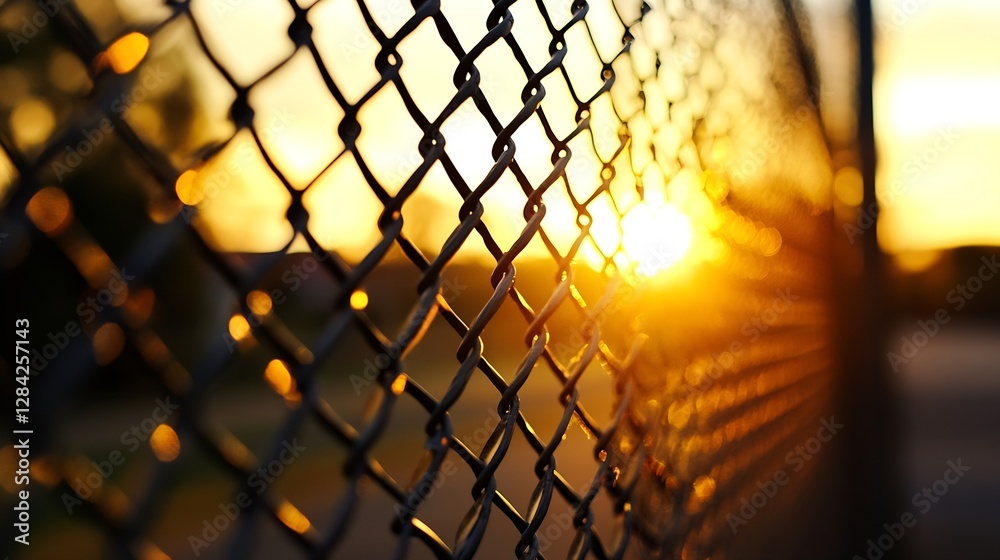 Leinwandbilder dramatic sunset captured through a chain link fence creating beautiful bokeh effects : generative ai