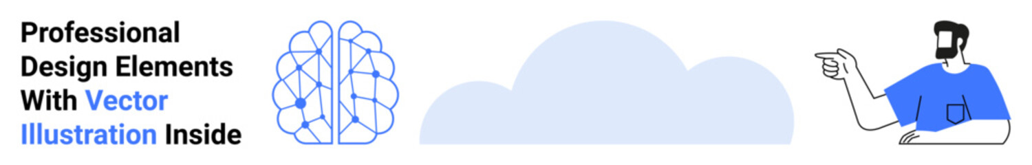 Abstract brain with neural connections, flat cloud, and person gesturing. Ideal for creativity, innovation, AI, teamwork, cloud computing, education minimalistic artwork flat landing page banner