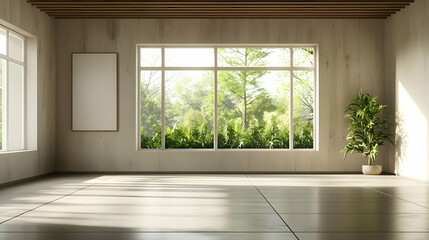 Modern Interior Room with Large Windows and Green Plants under Bright Daylight
