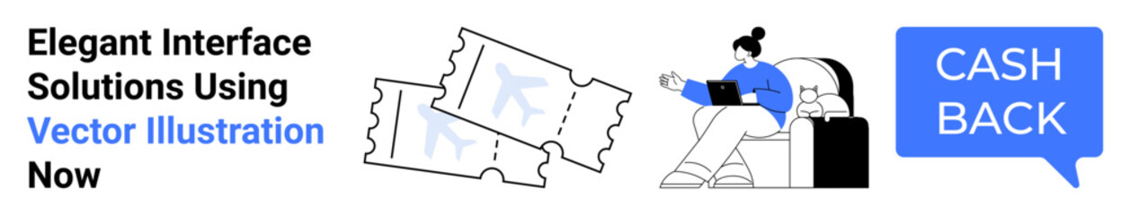 Tickets with holographic stamping, user on a laptop researching, cash back offer pop-up. Ideal for online shopping, ticketing services, cash incentives, e-commerce, digital rewards, mobile apps flat