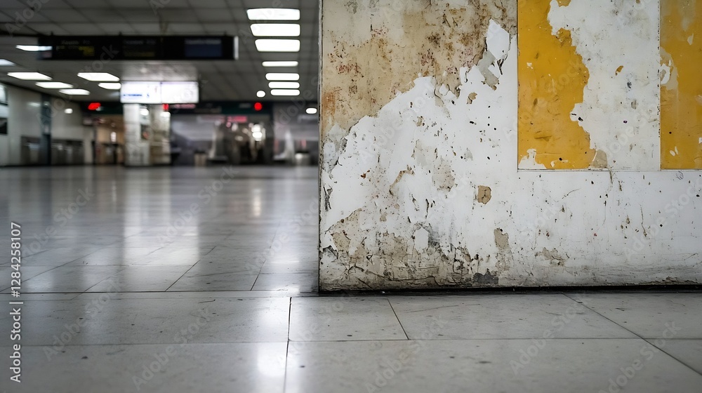 Poster closeup view of a weathered wall with peeling paint and a dirty floor in an indoor setting : generat