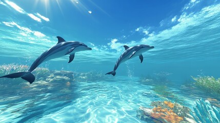 Obraz premium Two Dolphins Swimming in Clear Blue Ocean with Sunlight Piercing the Water