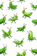 Naklejka premium Whimsical green grasshopper doodles on white, seamless repeat , entomology, kids