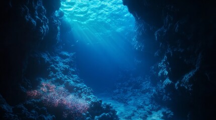 Fototapeta premium Underwater Cave with Sunbeams and Dark Blue Water