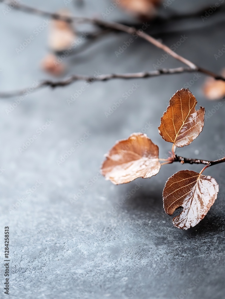 Poster Dried autumn leaves resting on a sleek gray surface isolated on white background creating a minimalist aesthetic : Generative AI