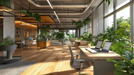 Fototapeta premium Open Office Workspace with Natural Lighting and Clean Design
