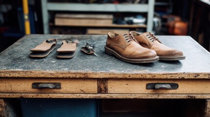 Heritage craftsmanship displayed in a workshop featuring love themed handmade leather shoes for Valentines Day