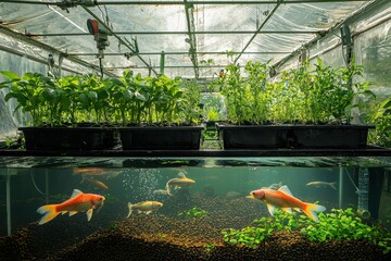 A vibrant aquaponics system inside a sunlit greenhouse showcases goldfish swimming below thriving green plants, representing a harmonious and sustainable approach to organic food production.