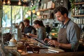 A bearded barista in a modern cafe, using a tablet to manage orders, with customers and coffee beans adding to the warm, inviting atmosphere of the bustling coffee shop.
