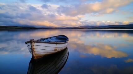 Fototapeta premium Tranquil boat floating on still water under a beautiful cloudy sky reflecting nature's peace : Generative AI