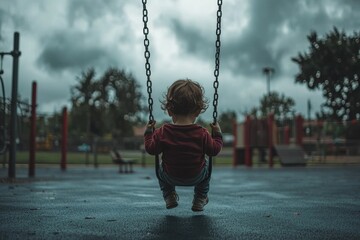 A solitary child on a swing in a deserted playground under a cloudy sky, capturing childhood innocence and reflection with a touch of melancholy and simplicity.