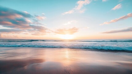 Stunning beach sunset view over calm waves with vibrant pastel colors in the sky : Generative AI