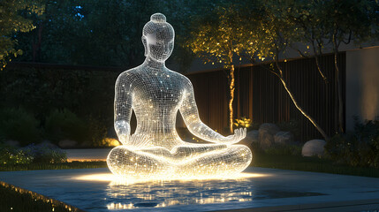 Illuminated wireframe sculpture of a meditating figure in a serene modern garden, symbolizing mindfulness, spirituality, and the harmony of technology and nature. Luminous Garden Statue. Illustration